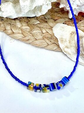 Cobalt Blue & Yellow Millefiori Beaded Necklace Women’s Jewelry